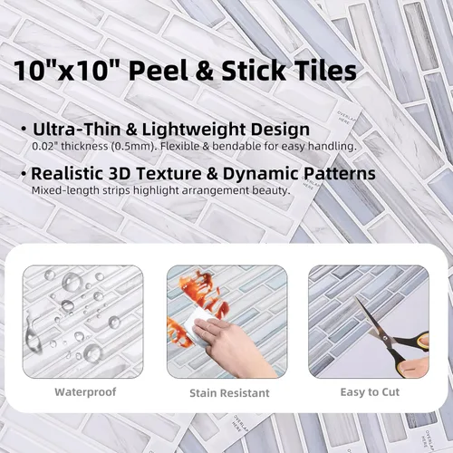Vista 3 de Tilingview 10 piezas de azulejos de pelar y pegar para salpicaduras de cocina, diseño de tiras, azulejos de vinilo autoadhesivos, adhesivo de pared