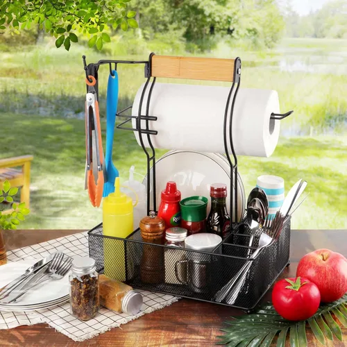 Vista 5 de FANGSUN Organizador para parrilla, organizador de barbacoa con soporte para toallas de papel, organizador de utensilios de condimentos de picnic
