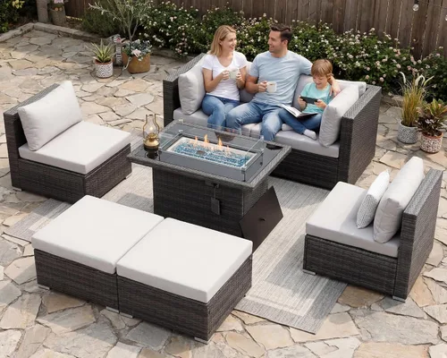 Vista 26 de NICESOUL Juego de muebles de patio de ratán extra grande con mesa para fogata de gas y propano, 29.3 pulgadas, respaldo alto, cómodos conversaciones