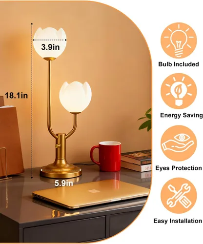Vista 5 de Lightdot Lámpara de Mesa de Flores Doradas para Dormitorio, 2 Cabezas Florales 3000K Luz Blanca Cálida Regulable Lámparas de Mesita de Noche