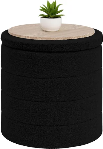 Vista 14 de B FSOBEIIALEO Otomana con Almacenamiento, Taburete Otomano de Almacenamiento Redondo Sherpa, Reposapiés Boucle 14.6"x14.6"x17.7" (Beige)