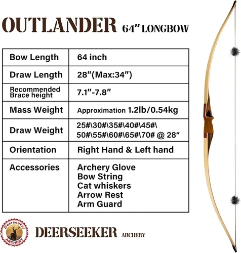 Vista 2 de Deerseeker Outdoor Tiro con Arco Juego de Arco Tradicional de 64" Caza Arco Largo Reflex Deflex de Una Pieza Arco Largo Extremidades de Núcleo