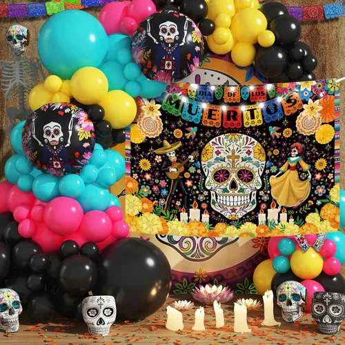 Vista 2 de MEHOFOND Telón de fondo del Día de los Muertos de 7 x 5 pies para fiesta mexicana, Día de los Muertos, decoración de fiesta de cumpleaños, pancarta