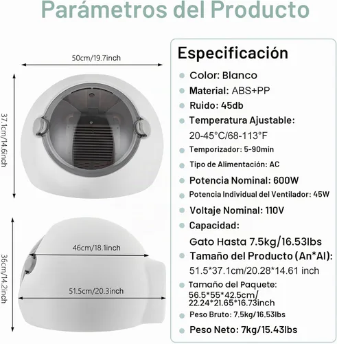 Vista 6 de Caja secadora de mascotas para gatos y perros pequeños de un radio de 16.5 lbs/16.53 libras, secado de 5 a 90 minutos, caja de secadora automática