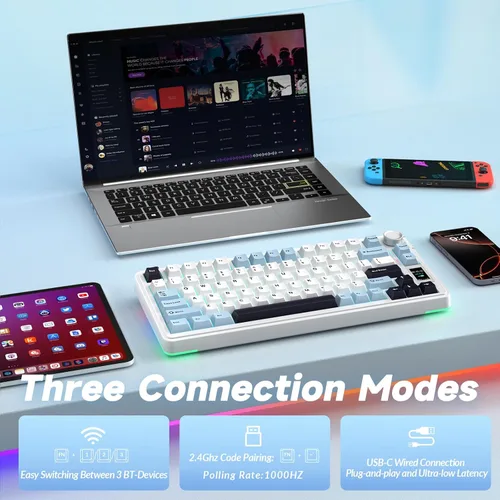 Vista 4 de AULA Teclado mecánico inalámbrico S75 PRO con pantalla y perilla, 75% teclado para juegos intercambiable en caliente con interruptores
