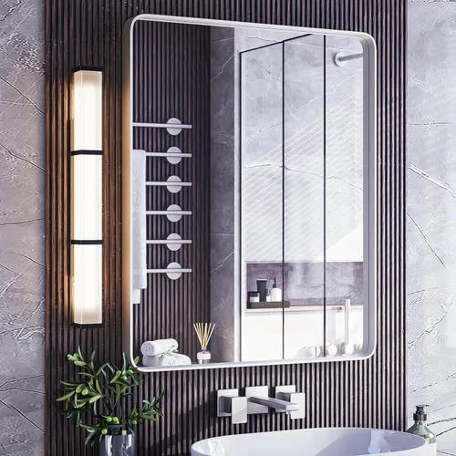 Vista 23 de ISKM Espejo con marco negro para pared de 20 x 16 pulgadas, espejo de tocador de baño antioxidante, vidrio templado, espejo rectangular redondeado