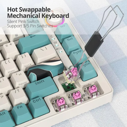 Vista 2 de Teclado mecánico para juegos 75% marrón, compacto de 82 teclas intercambiable en caliente con perilla, perfil OEM retroiluminado RGB, teclado USB-C