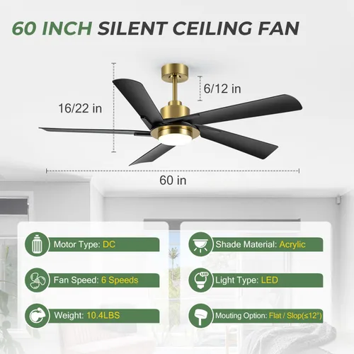 Vista 13 de Ventilador de techo de 60 pulgadas con luz LED y control remoto, ventilador de techo industrial con motor de CC reversible, ventilador moderno