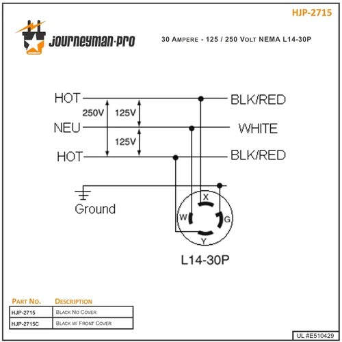 Vista 5 de Journeyman-Pro 2715, NEMA L14-30 Enchufe de generador de entrada con bridas, 30A 125/250 voltios, Enchufe de receptáculo de bloqueo, Grado