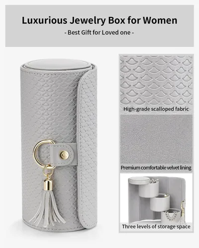 Vista 6 de Vlando Regalos 2025 para mujeres y niñas, organizador de joyas de viaje, caja de almacenamiento de joyas de 3 capas, accesorios esenciales de viaje