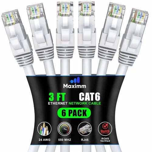 Vista 64 de Maximm Cable Ethernet Cat 6 de 0.6 pies (paquete de 6) – Cable LAN de alta velocidad, cable de Internet, cable de conexión y cable de red – UTP
