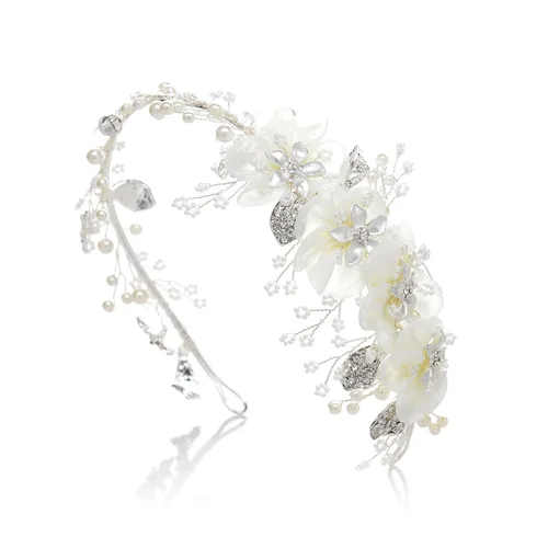Vista 6 de SWEETV Diademas nupciales de flores marfil para boda, bandas para el cabello, accesorios para el cabello para mujeres novias