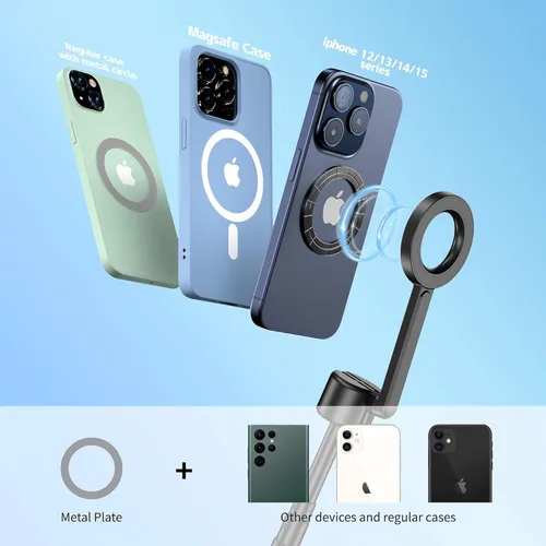 Vista 5 de SEAJIC Trípode magnético para teléfono con palo selfie de 64" para iPhone con control remoto y anillo de metal, trípode de viaje automático