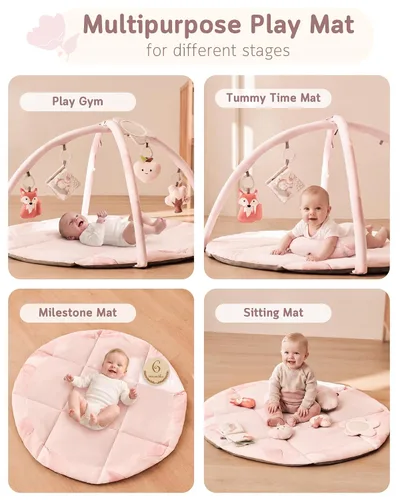 Vista 4 de Fortella Tapete de gimnasio y actividades para bebés, lavable a máquina y plegable, con 5 juguetes desmontables, certificado seguro para recién Rosa