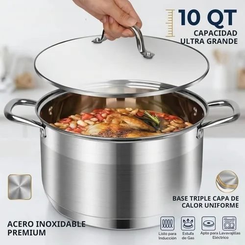 Vista 3 de Olla de 10 cuartos de galón con tapa de vidrio, olla de sopa de acero inoxidable de grado alimenticio premium, olla grande para cocinar guisos
