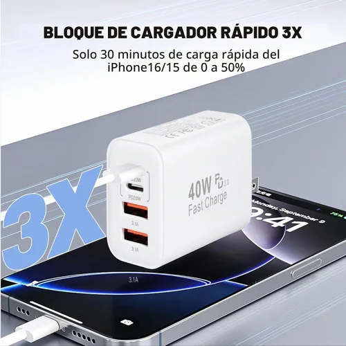 Vista 4 de iPhone 17 16 15 Cargador de carga rápida 40W 4 puertos USB C bloque