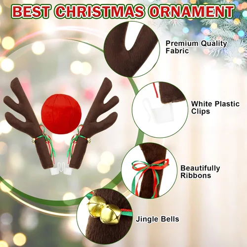 Vista 6 de Cornamenta de Reno de Navidad para Autos - Lindo Kit de Nariz y Cuernos de Rudolph para Auto - Decoraciones de Techos de Navidad para SUV Camioneta