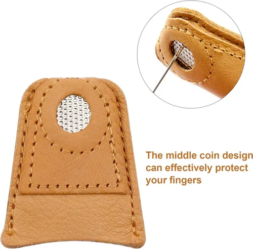 Vista 3 de WILLBOND 4 piezas de dedal de costura de cuero protector de dedo, dedal de moneda, protector de dedal, para tejer costura, agujas, accesorios