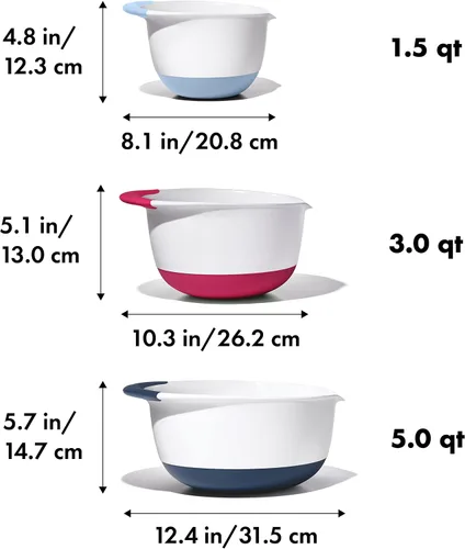Vista 3 de OXO, juego de 3 cuencos para mezclar de plástico Good Grips – Asas de Blueberry, Jam & Seltzer, 4.7 LITROS, Grande