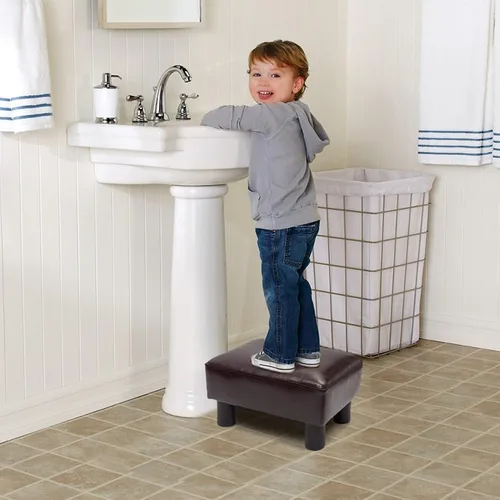 Vista 7 de Taburete otomano de piel sintética con 4 patas de plástico antideslizantes, moderno reposapiés rectangular, taburete pequeño otomano para sala