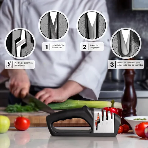 Vista 3 de HOTEC Afilador de cuchillos 4 en 1, afilador manual de 3 etapas para afilar cuchillos de cocina, 1 etapa para tijeras, piedra de cerámica, placas