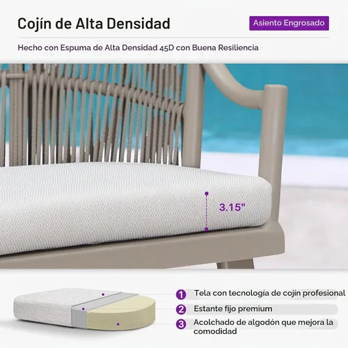 Vista 9 de PURPLE LEAF Juego de comedor de patio para 6 respaldos ergonómicos y cojín Champán