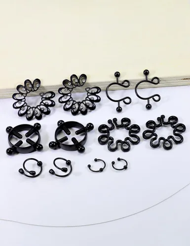 Vista 4 de Piercing de pezón falso, anillos para pezones sin perforación Negro