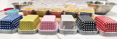 Vista 6 de KitchenDance - Mini molde desechable de aluminio con lunares sin tapa, molde rectangular antiadherente de 6 onzas, perfecto para regalos