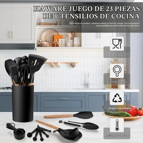 Vista 3 de Juego de utensilios de cocina HaWare, juego de espátulas de silicona de 23 piezas con soporte, utensilio de cocina con mango de madera resistente al