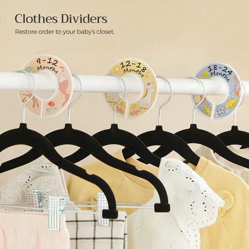 Vista 9 de SONGMICS Paquete de 30 perchas para pantalones de bebé con clips, perchas para niños con 6 separadores de ropa, perchas antideslizantes para ropa