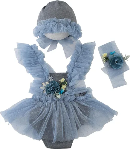 Vista 3 de Zeroest Conjunto de Accesorios para Fotografía de Recién Nacidos, Juego de Vestido de Encaje para Niña, Traje para Sesión de Fotos de Bebé Niña