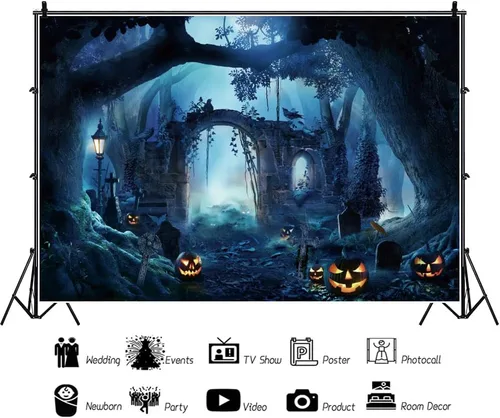 Vista 2 de Renaiss Telón de fondo de Halloween de 7 x 5 pies, bosque oscuro, cementerio, arco de fotografía, fondo de calabaza, lápida de árbol grande