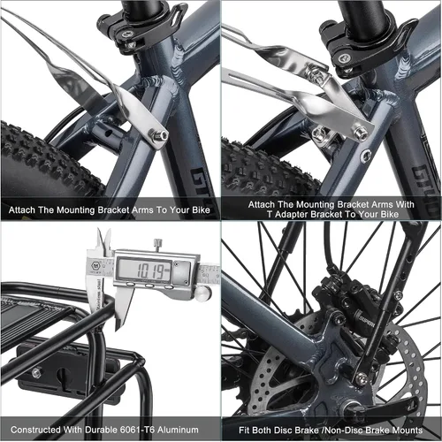 Vista 6 de CXWXC Portaequipajes trasero para bicicleta - Portaequipajes de carga para bicicleta para montaje de freno de disco/freno sin disco - Portaequipajes