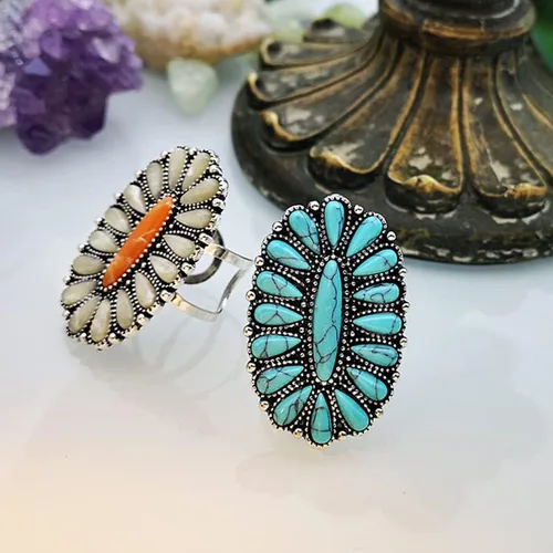Vista 3 de Bohemia Vintage Turquesa Oval Flor Anillos Geométrica Étnica Natural Piedra Ajustable Plata Articulación Nudillos Anillos Western Cowgirl