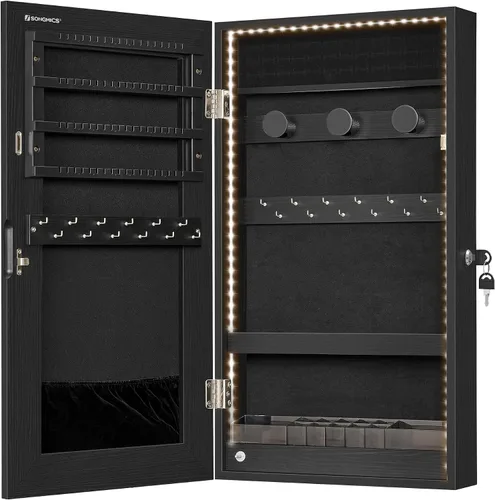 Vista 10 de SONGMICS Armario de joyería con espejo con luces LED integradas, organizador de almacenamiento de joyas montado en la pared o en la puerta, 3.8 x
