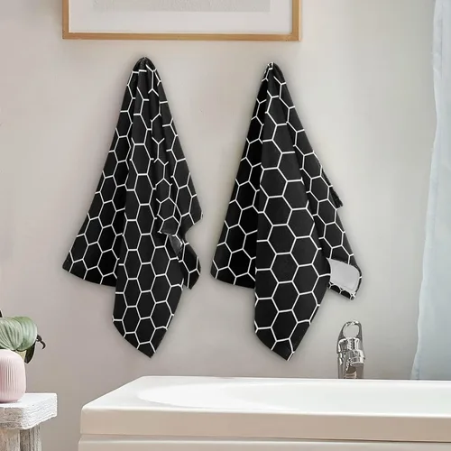 Vista 4 de Juego de 2 toallas faciales de poliéster suave y absorbente para baño, diseño de panal de abeja, hexagonal, negro y blanco, para peluquería