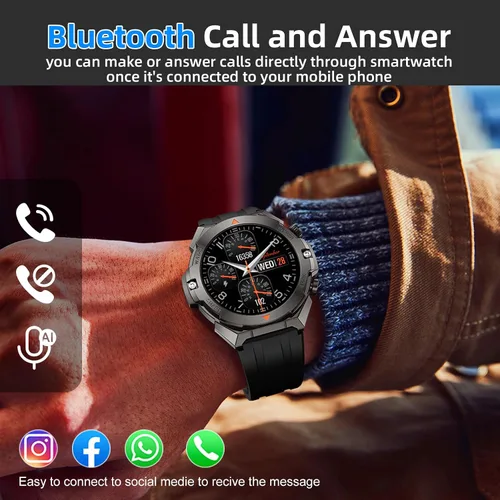 Vista 2 de Reloj inteligente militar para hombre, contestar/hacer llamadas, reloj inteligente HD de 1.46 pulgadas con oxígeno en sangre, frecuencia cardíaca