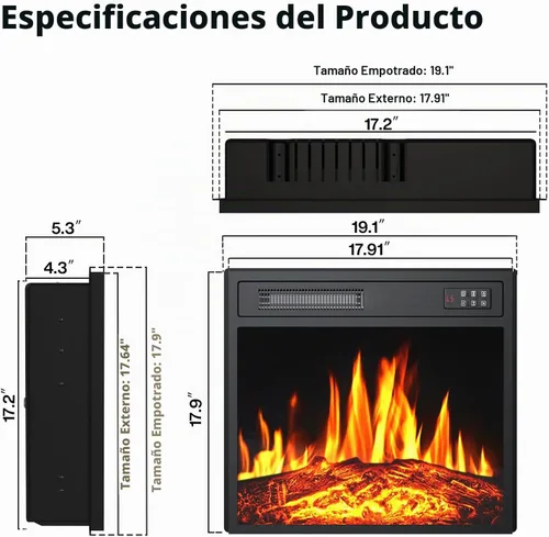 Vista 2 de PRETZI - Chimenea eléctrica de 18 pulgadas con llama LED realista, 750/1500 W Recessed Fireplace Heater with 8H Timer, Remote & Control Panel