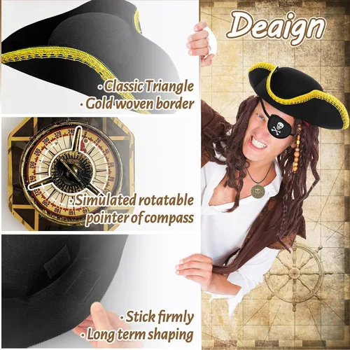 Vista 4 de Zddaoole 4PCS Pirate Hat,Renaissance Pirate Tricorn Hat with Eye Patch & Necklaces for Halloween Cosplay