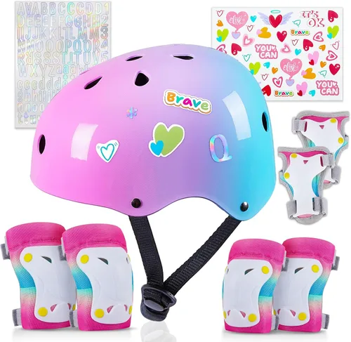 Vista 11 de Casco para niños, casco de bicicleta para niños pequeños con pegatinas DIY Unicornio, rodilleras y coderas ajustables, juego de protección para Rosa