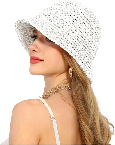 Vista 12 de Sombrero de sol para mujer, hecho a mano, con paja, protección UV, para viajes, verano, playa Caqui
