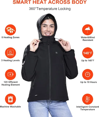 Vista 3 de DEWBU Heated Jacket for Women with 12V Battery Pack Winter Outdoor Soft Shell Electric Heating Coat