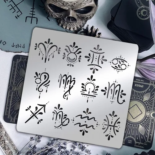 Vista 4 de BENECREAT Plantilla de metal con temática de signos del zodiaco, plantilla de dibujo de acero inoxidable para quemar madera, pintura de pared
