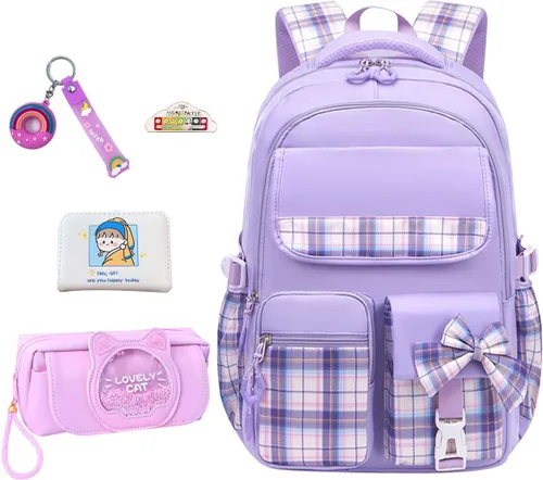 Vista 8 de Mochila azul de 5 piezas para niñas escolares – Mochila Kawaii para escuela primaria para niños, lindas mochilas a cuadros para niñas, estudiantes