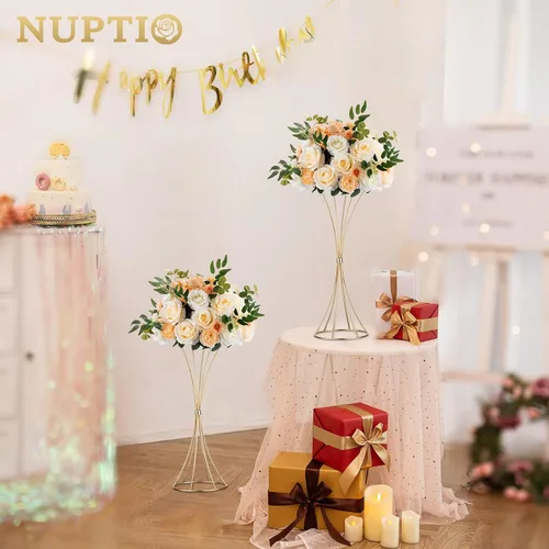Vista 2 de NUPTIO 2 centros de mesa de boda para mesas, jarrón de trompeta de metal de 19.7 pulgadas de alto, jarrones dorados para centros de mesa, estante