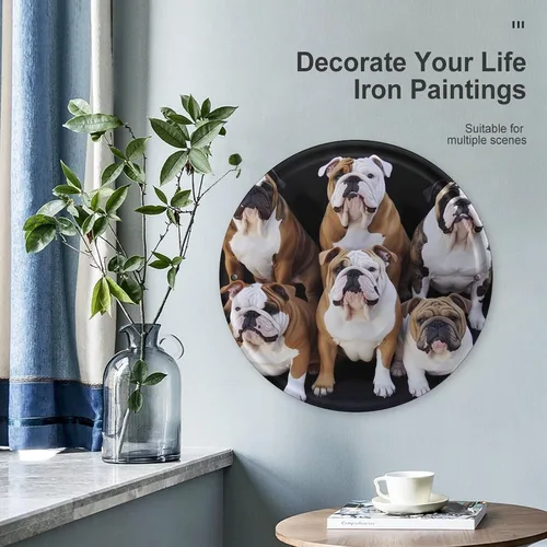 Vista 5 de Circular Metal Wall Art Iron Wall Hanging - English Bulldogs Vintage Industrial Tin Sign with Pre-Drilled Holes, Retro Round Metal Art for Bar