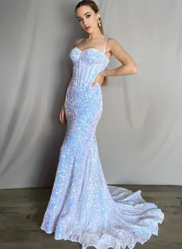 Vista 5 de Cudiew Vestidos de fiesta de lentejuelas brillantes para mujer, vestidos largos de fiesta de sirena, tirantes delgados, vestido de noche formal