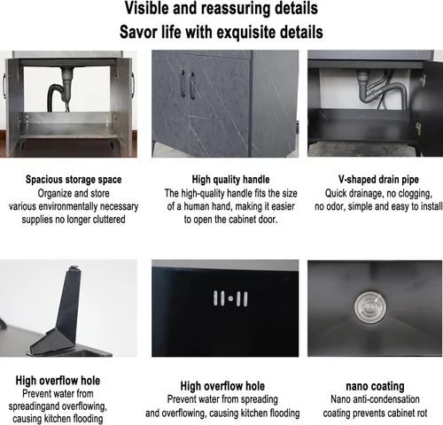 Vista 5 de Gabinete integrado de fregadero de acero inoxidable de lavabo único, fregadero móvil de acero inoxidable para cocina al aire libre, gabinete
