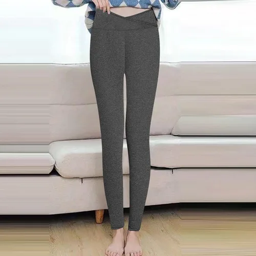 Vista 7 de Ayolanni Pantalones ajustados con forro polar para mujer, cintura cruzada, color sólido, grueso, cálido para clima frío