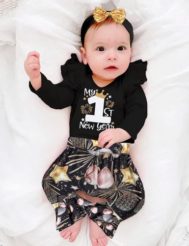 Vista 3 de ADIFUN My First New Years - Traje para bebé niña 2024 con volantes, mameluco con volantes, pantalones acampanados con diadema de fuegos